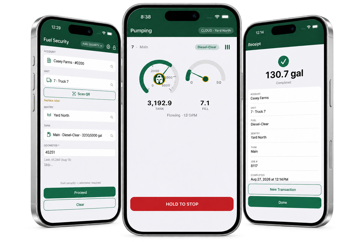 Spartan Shield mobile app showing fuel authorization, active pumping, and completed transaction screens