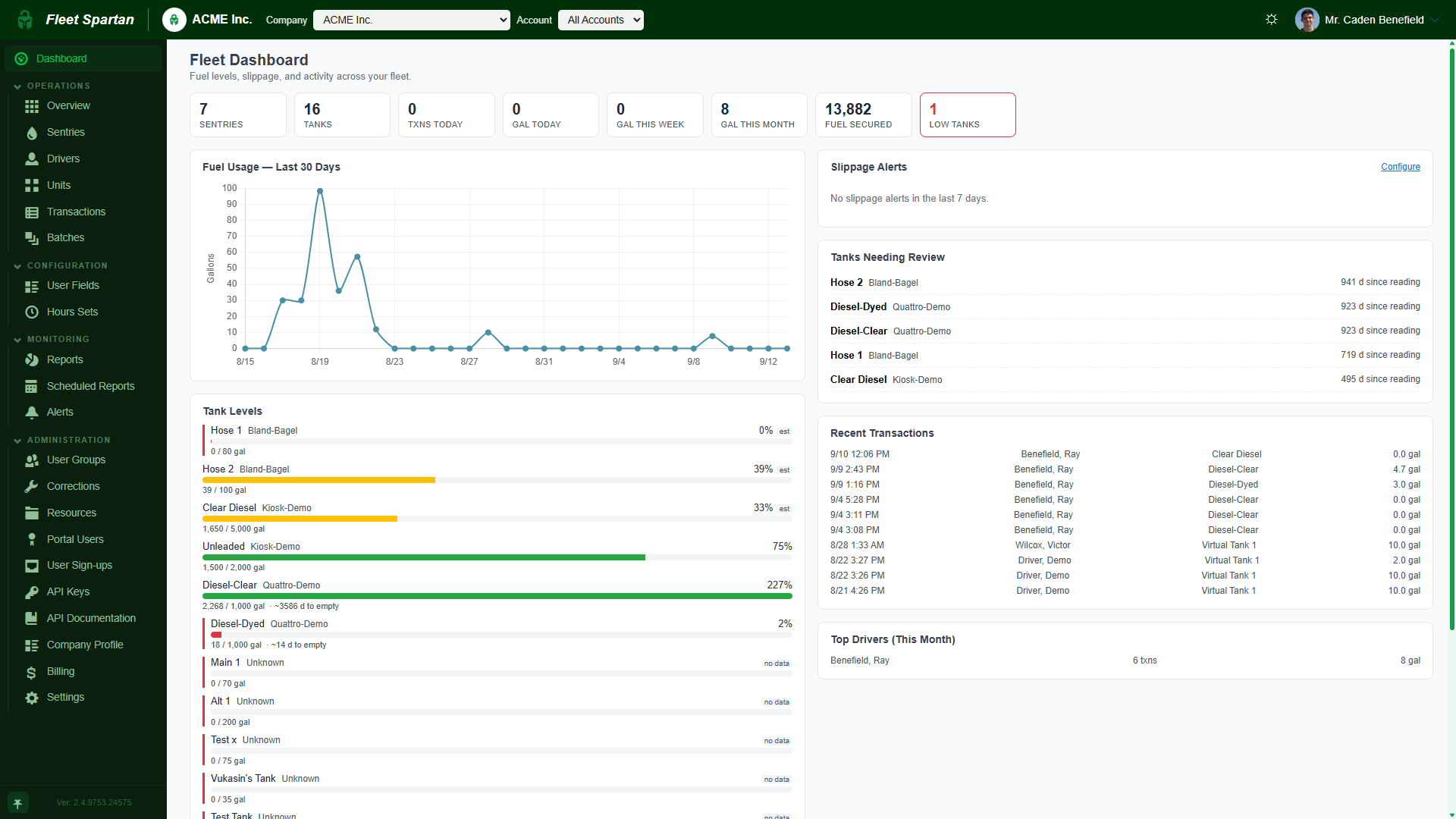 Fleet Spartan Portal showing mobile transaction data